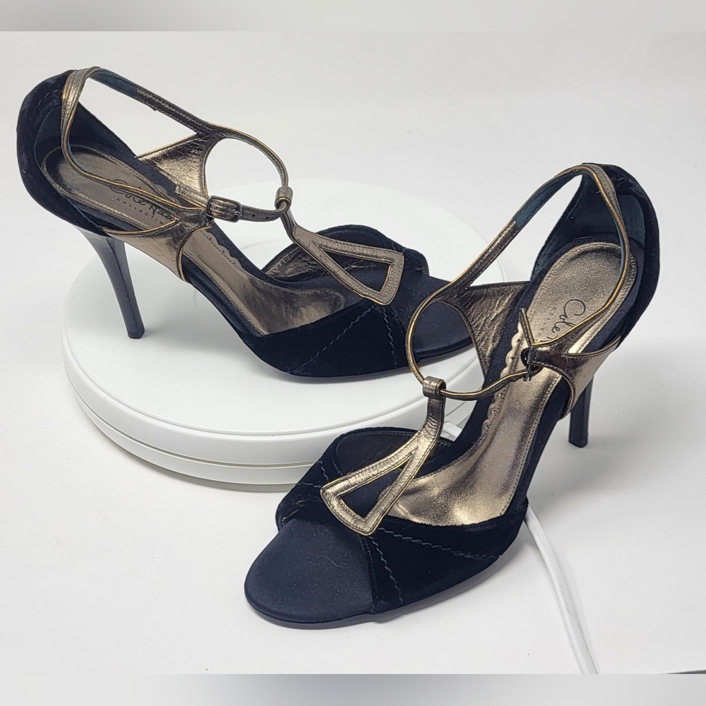 Cole Haan Black Velvet & Brassy Gold Open Toe Stilletto T-Strap Heels